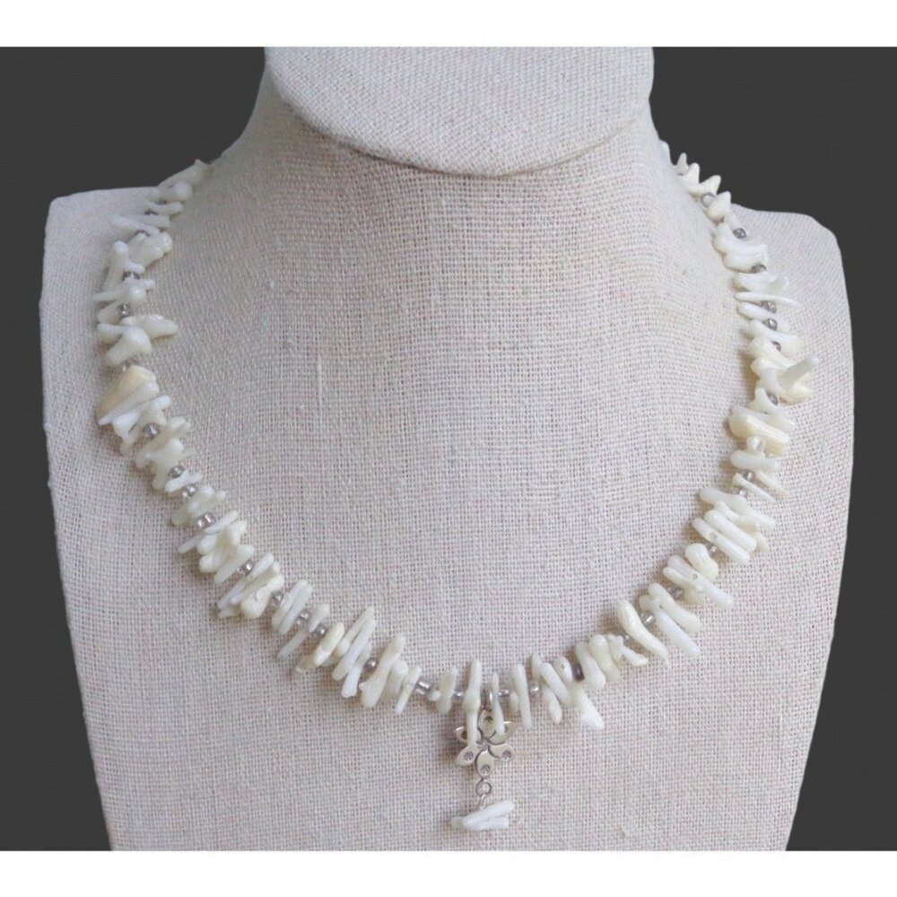 Signed Peyote Bird Artisan White Branch Coral 925 Sterling Silver Necklace 18"